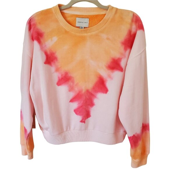 New AMERICAN EAGLE Fleece Crop Crew Pullover Sweatshirt Tie Dye Orange Pink S - Picture 1 of 7